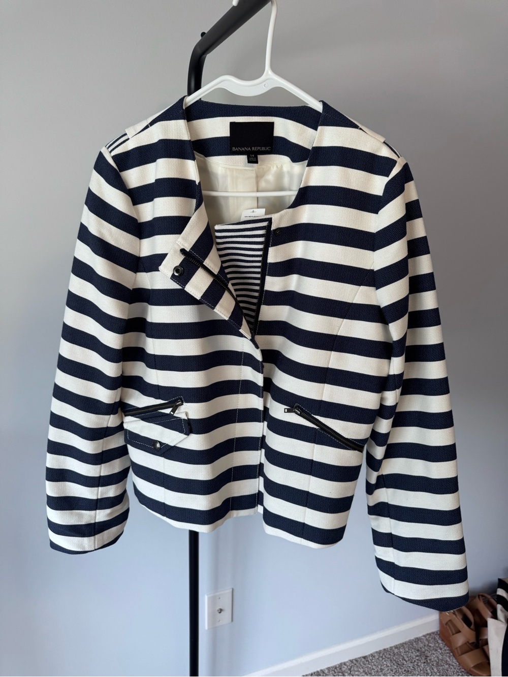 Banana Republic Navy & White Stripe Zip-Front Women's Blazer